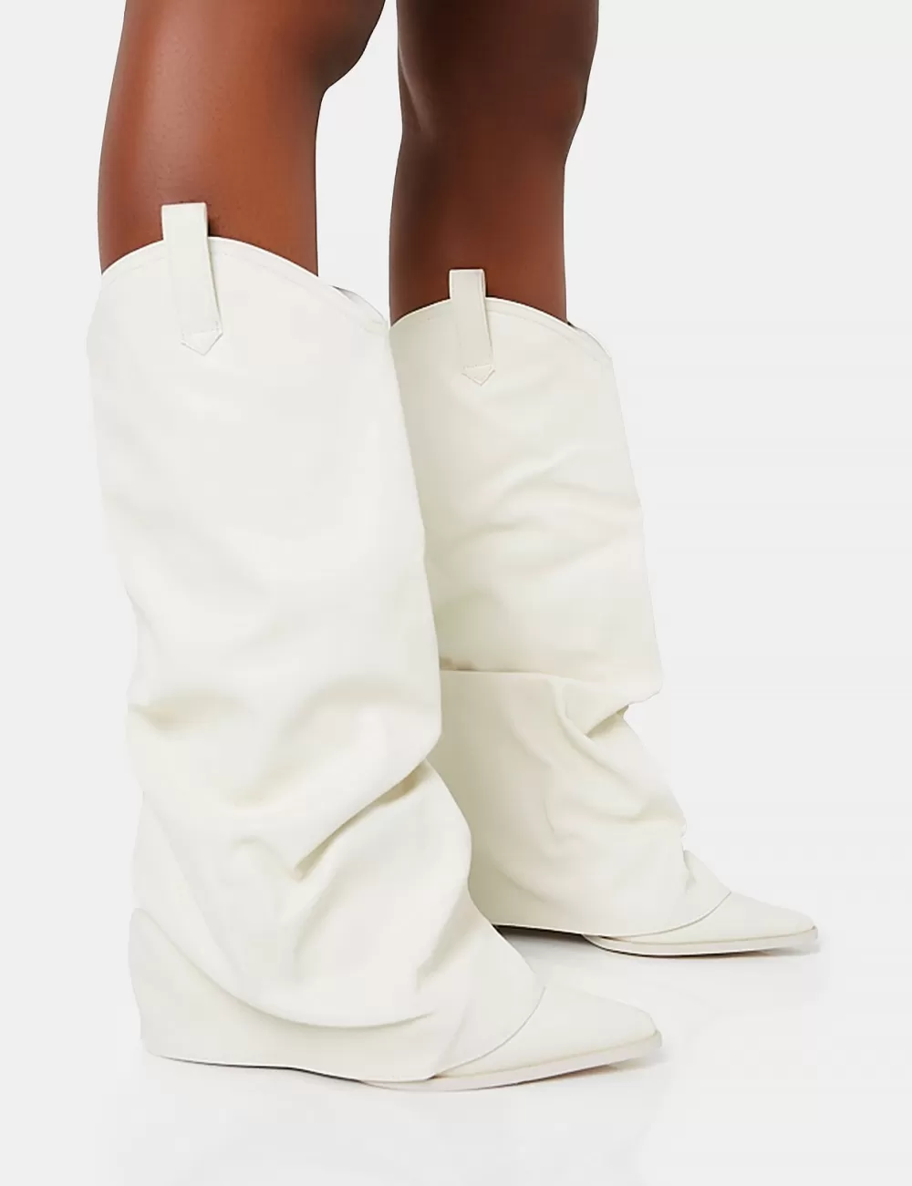 Fashion Public Desire Sheriff Pu Western Inspired Fold Over Pointed Toe Block Heeled Cowboy Knee High Boots White