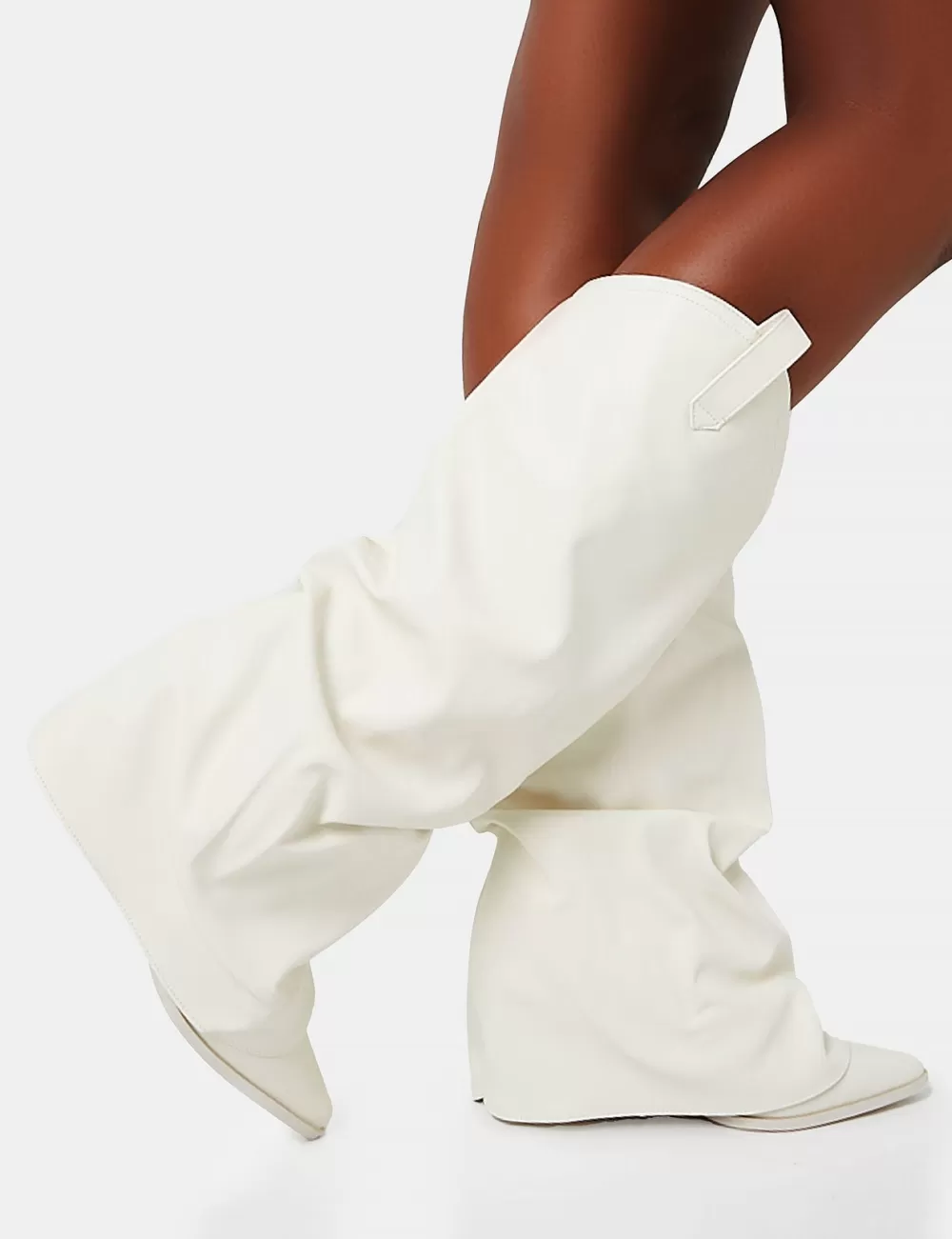 Fashion Public Desire Sheriff Pu Western Inspired Fold Over Pointed Toe Block Heeled Cowboy Knee High Boots White