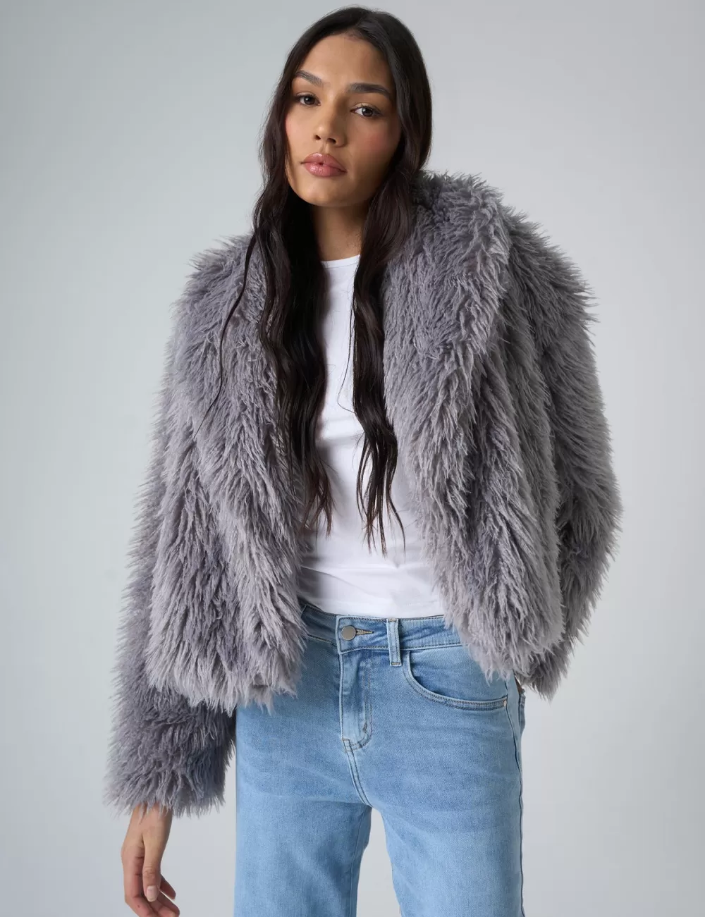 Clearance Public Desire Short Shaggy Faux Fur Jacket Grey