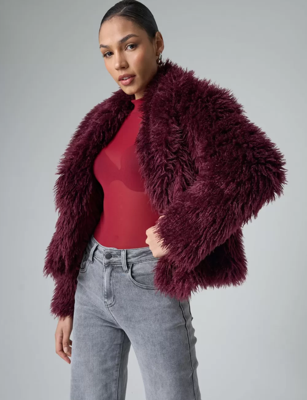 New Public Desire Short Shaggy Fur Jacket Burgundy