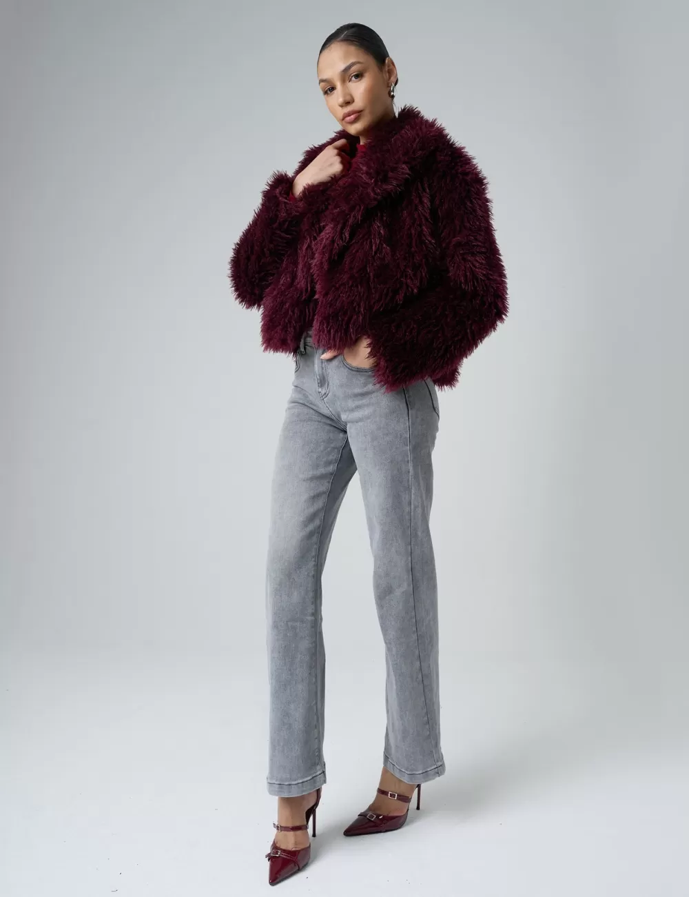 New Public Desire Short Shaggy Fur Jacket Burgundy