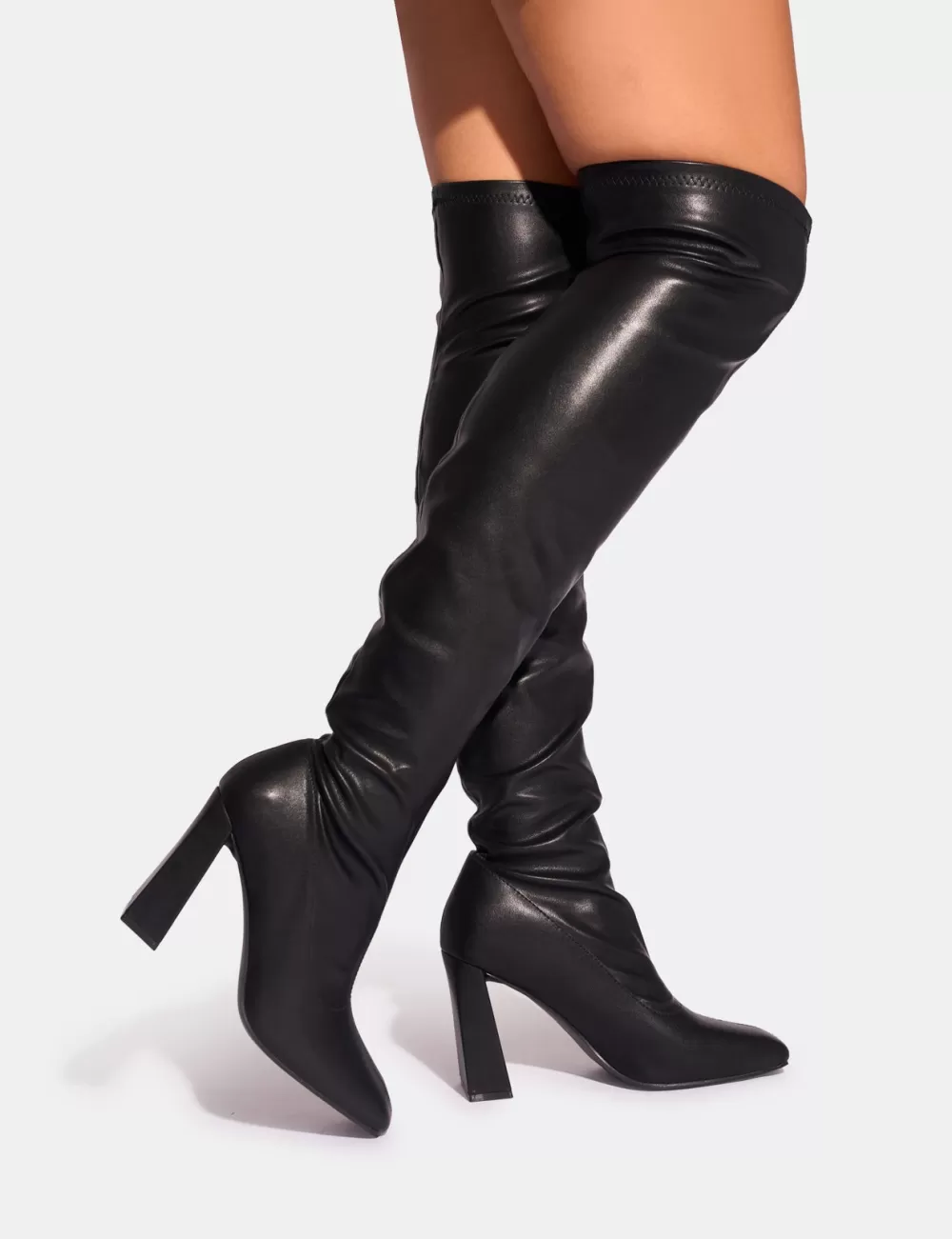 Clearance Public Desire Showoff Pu Block Heel Over the Knee Boot Black