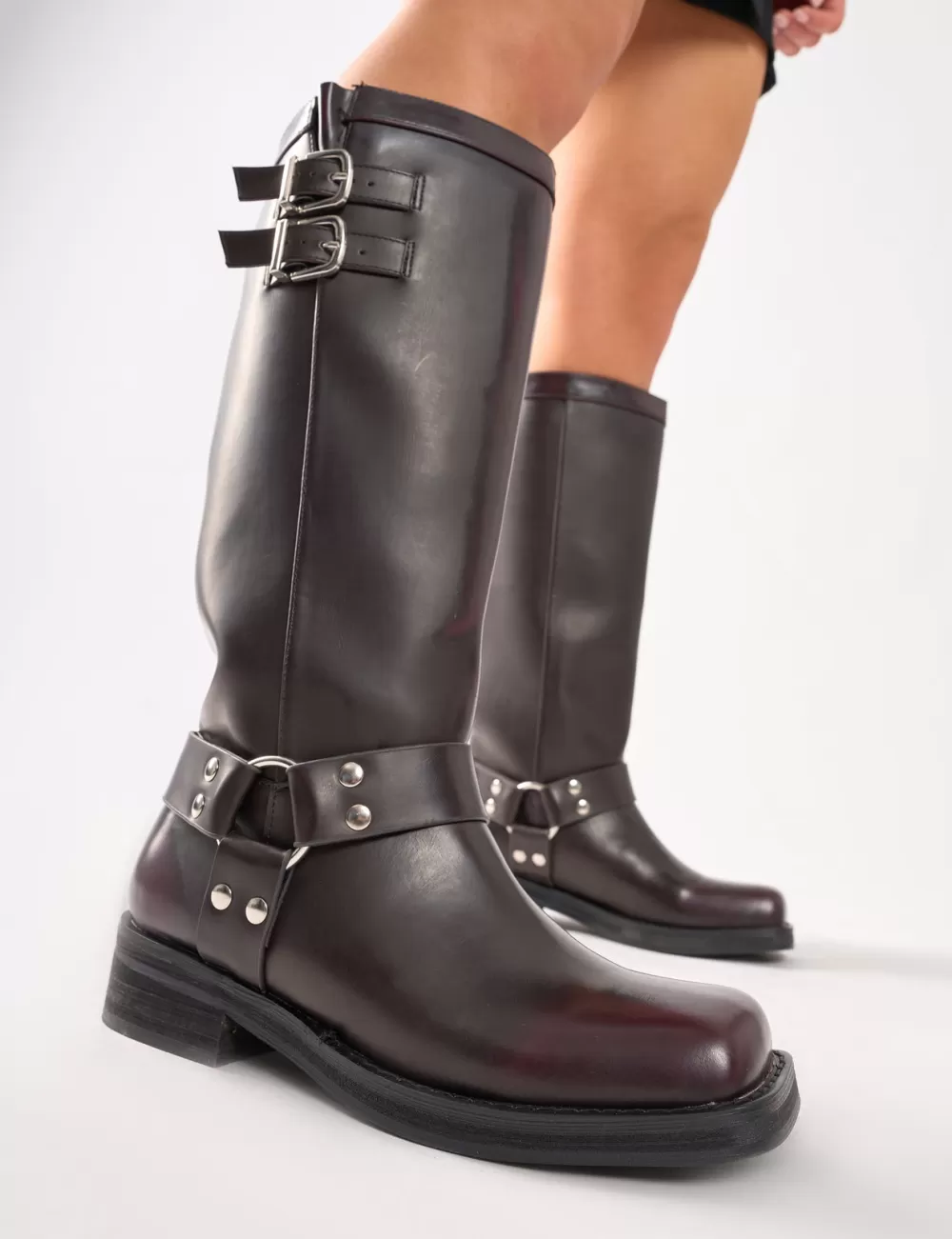 Best Sale Public Desire Sirius Vintage Buckle Knee Hight Flat Boots Burgundy