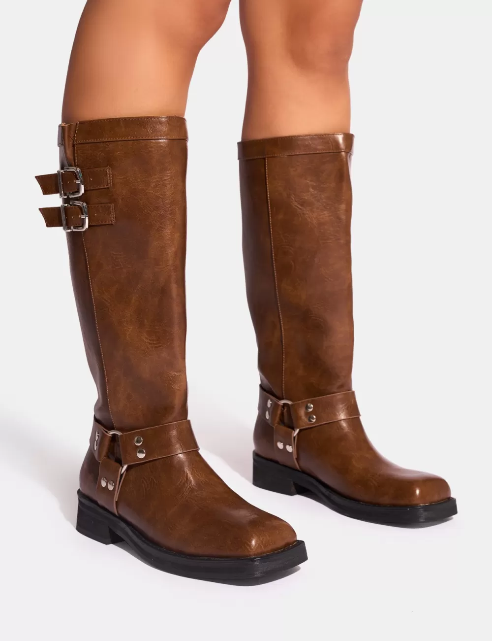 Best Public Desire Sirius Vintage Buckle Knee Hight Flat Boots Tan
