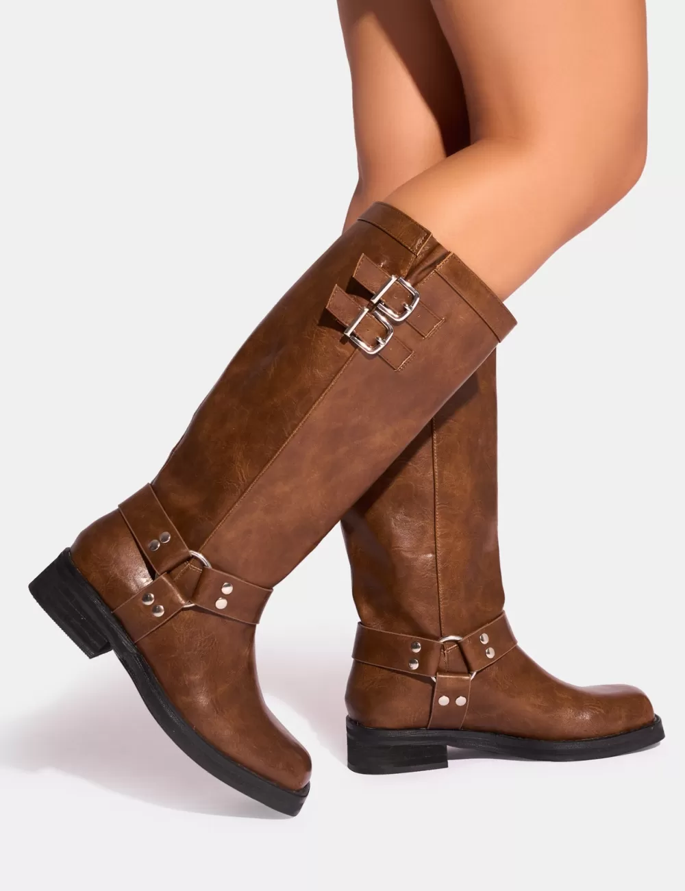 Best Public Desire Sirius Vintage Buckle Knee Hight Flat Boots Tan