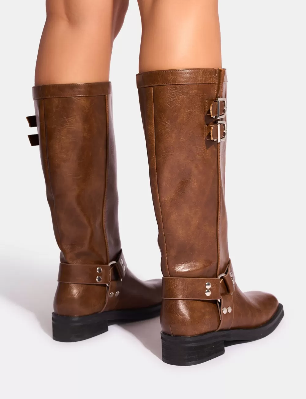 Best Public Desire Sirius Vintage Buckle Knee Hight Flat Boots Tan