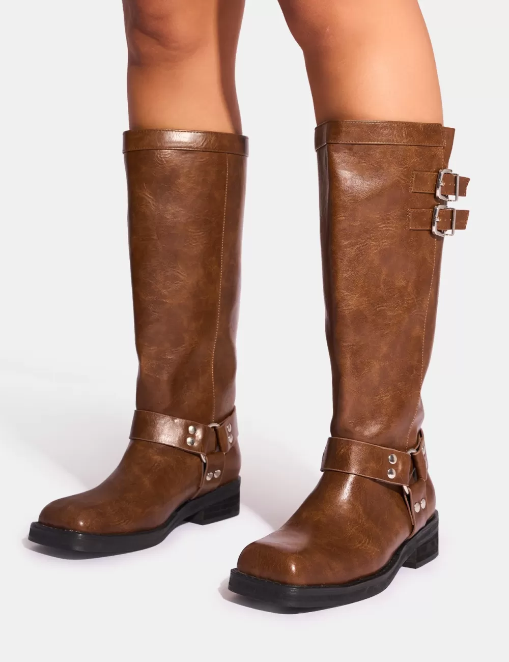 Best Public Desire Sirius Vintage Buckle Knee Hight Flat Boots Tan