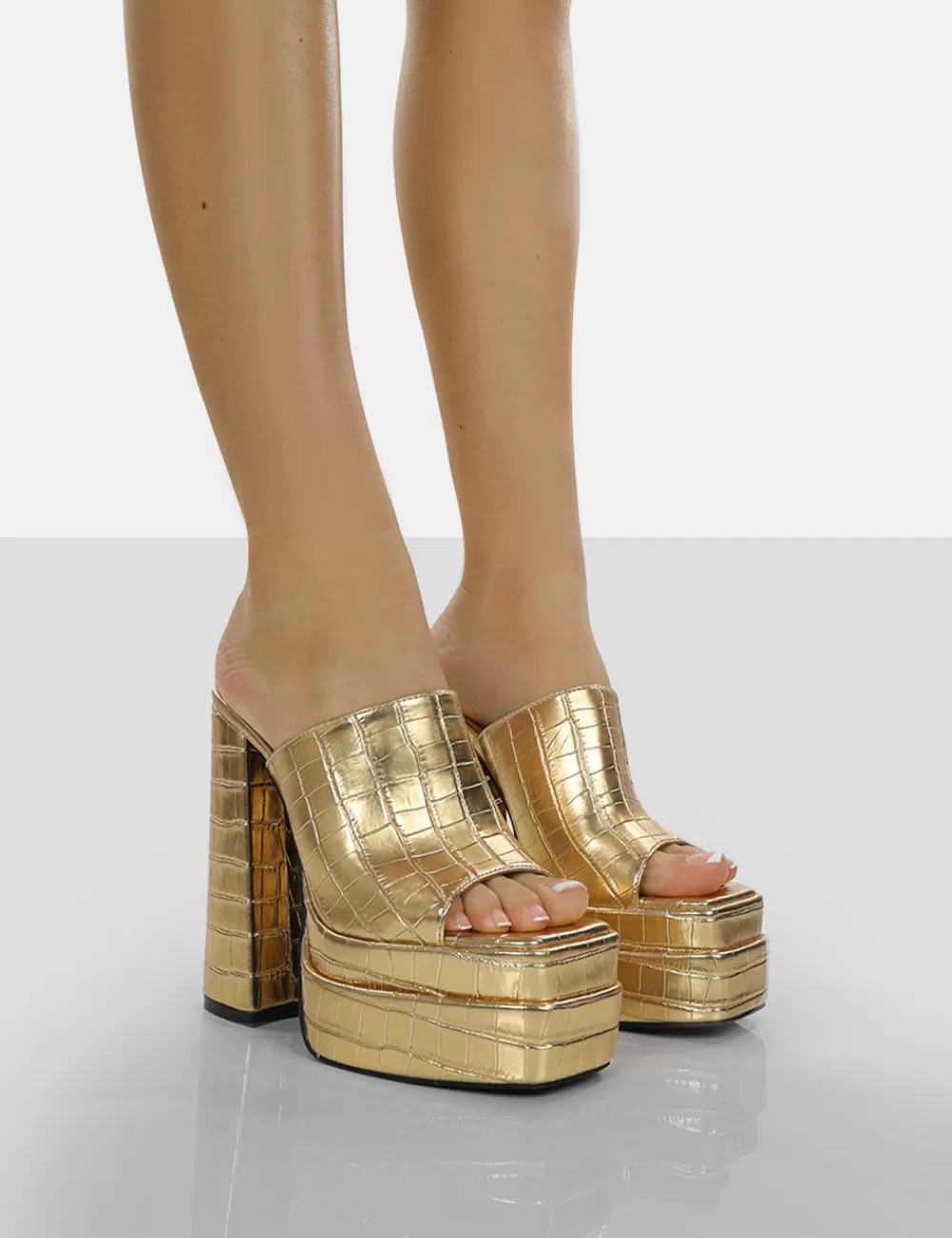Clearance Public Desire Sky High Croc Chunky Platform High Heeled Mules Gold