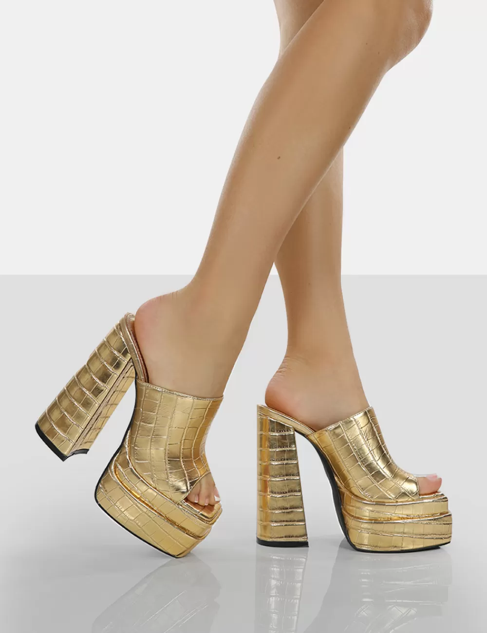 Clearance Public Desire Sky High Croc Chunky Platform High Heeled Mules Gold