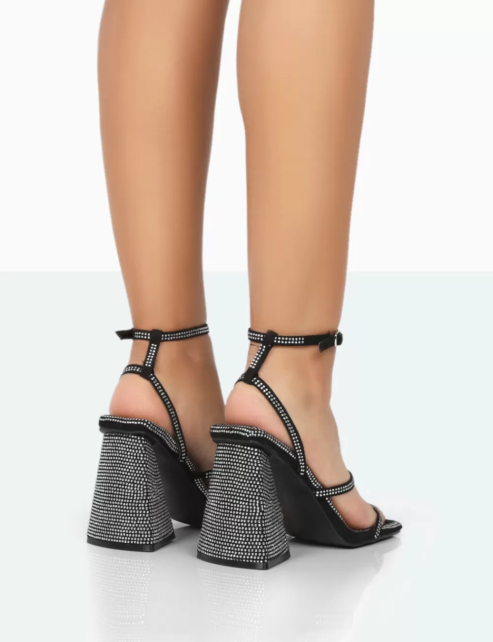 Sale Public Desire Skye Black Faux Suede Sparkly Diamante Open Toe Block High Heels