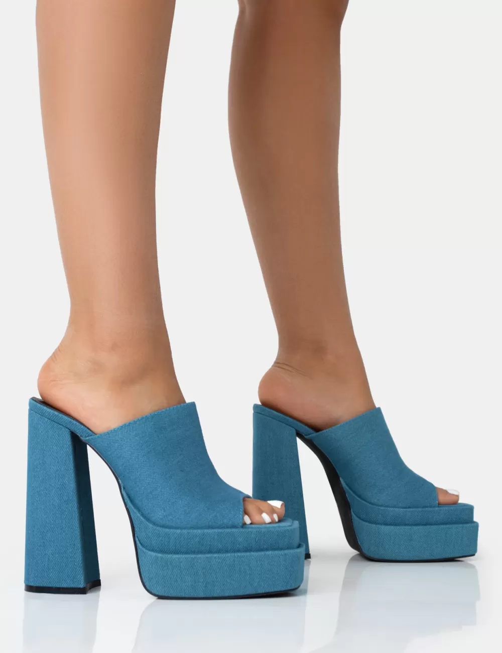 Online Public Desire Skyhigh Denim Chunky Platform High Heeled Mules Blue