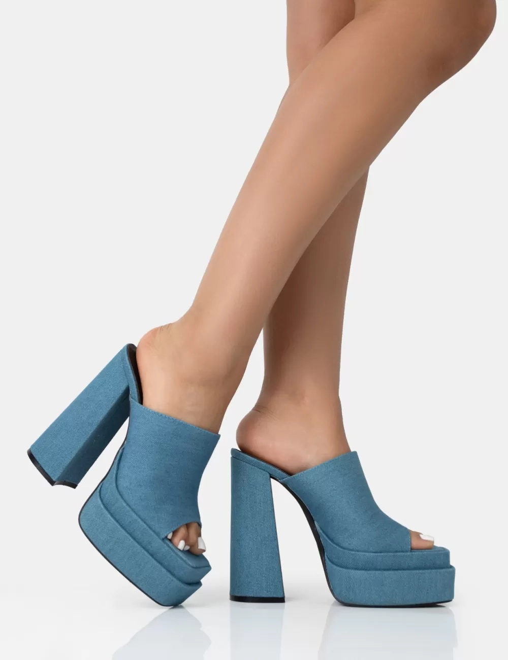 Online Public Desire Skyhigh Denim Chunky Platform High Heeled Mules Blue