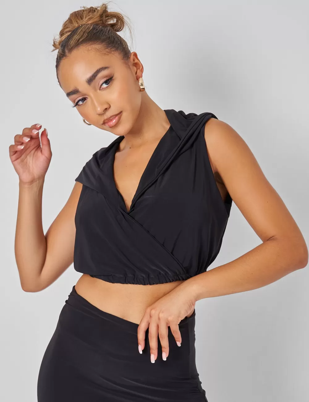 Clearance Public Desire Sleeveless Wrap Front Top With Hood Black