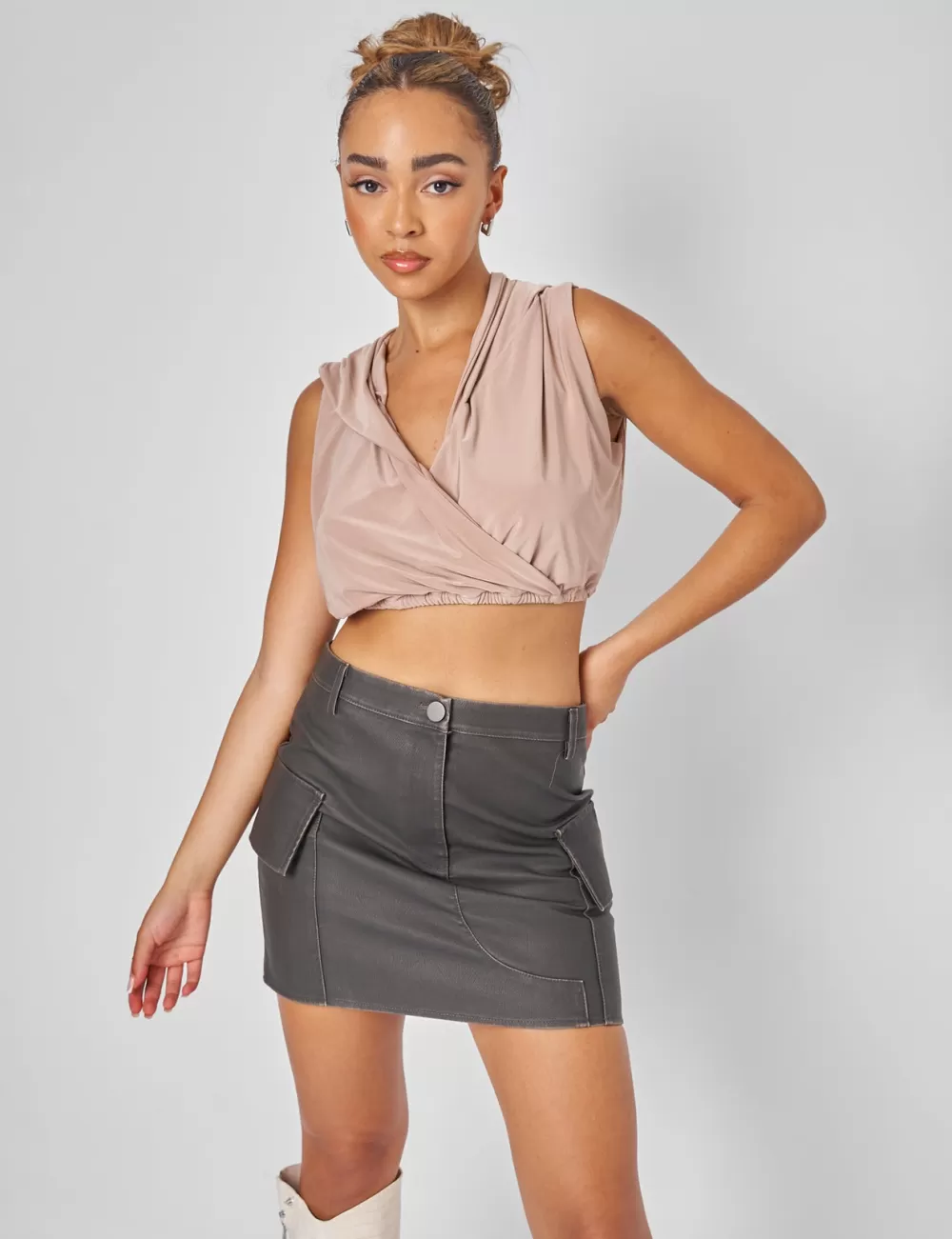 Shop Public Desire Sleeveless Wrap Front Top With Hood Stone Neutral