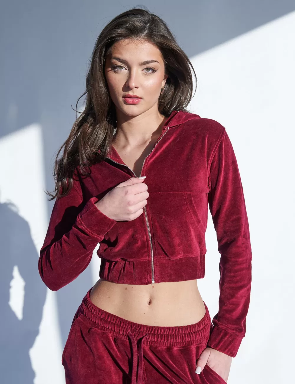 Best Sale Public Desire Slim Fit Velour Zip Through Cropped Hoodie Cherry Red