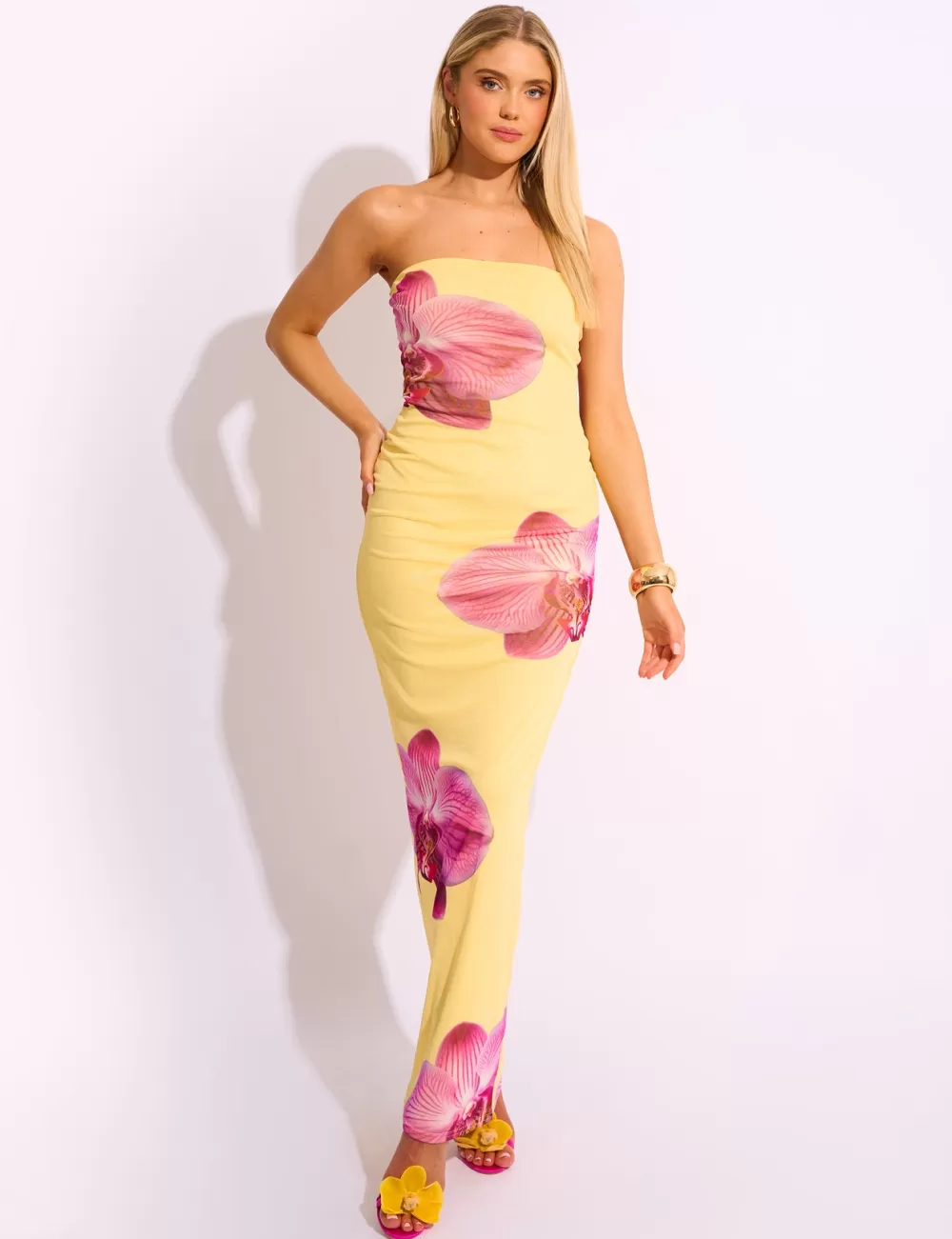 Store Public Desire Slinky Bandeau Floral Print Maxi Dress Yellow