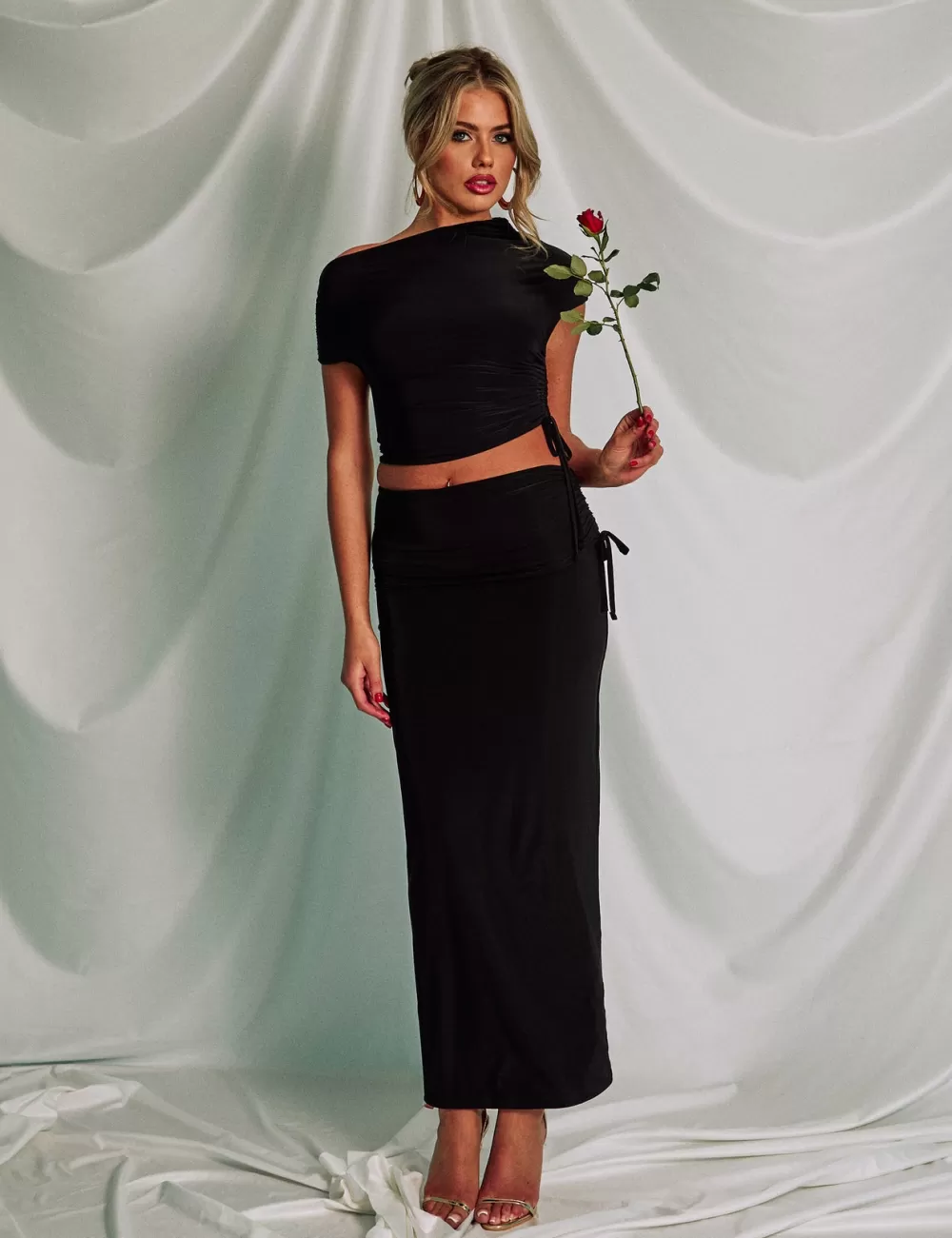 Hot Public Desire Slinky Foldover Ruched Maxi Skirt Black