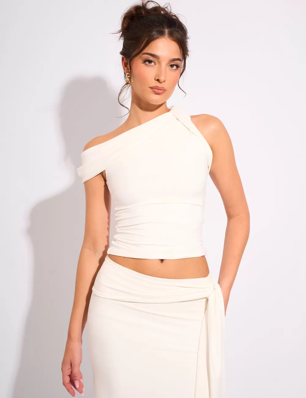 Shop Public Desire Slinky One Shoulder Asymmetric Luxe Top White Ivory