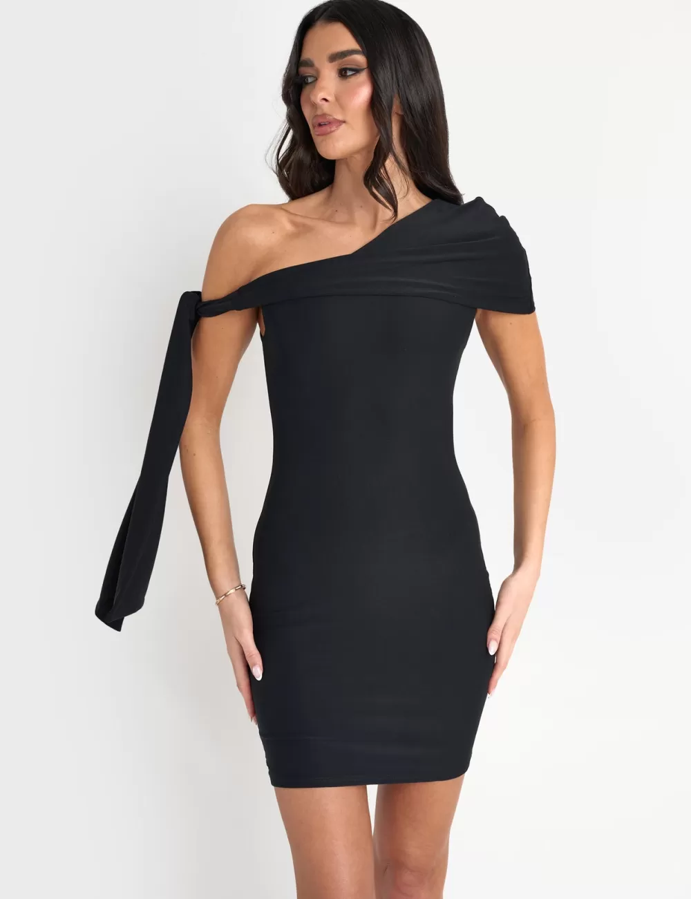 Sale Public Desire Slinky Over Shoulder Tie Detail Mini Dress Black