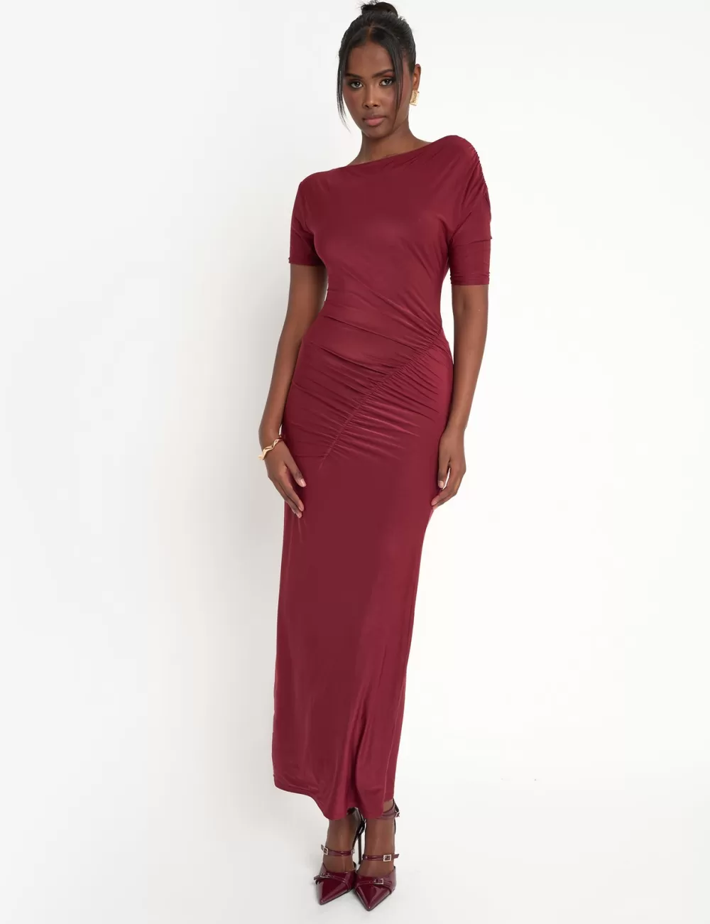 Discount Public Desire Slinky Ruched Detail Maxi Dress Burgundy