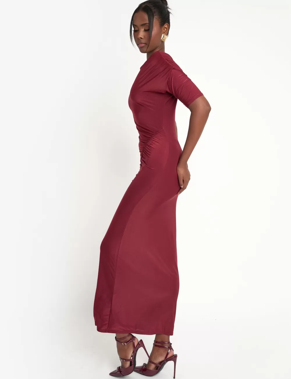 Discount Public Desire Slinky Ruched Detail Maxi Dress Burgundy