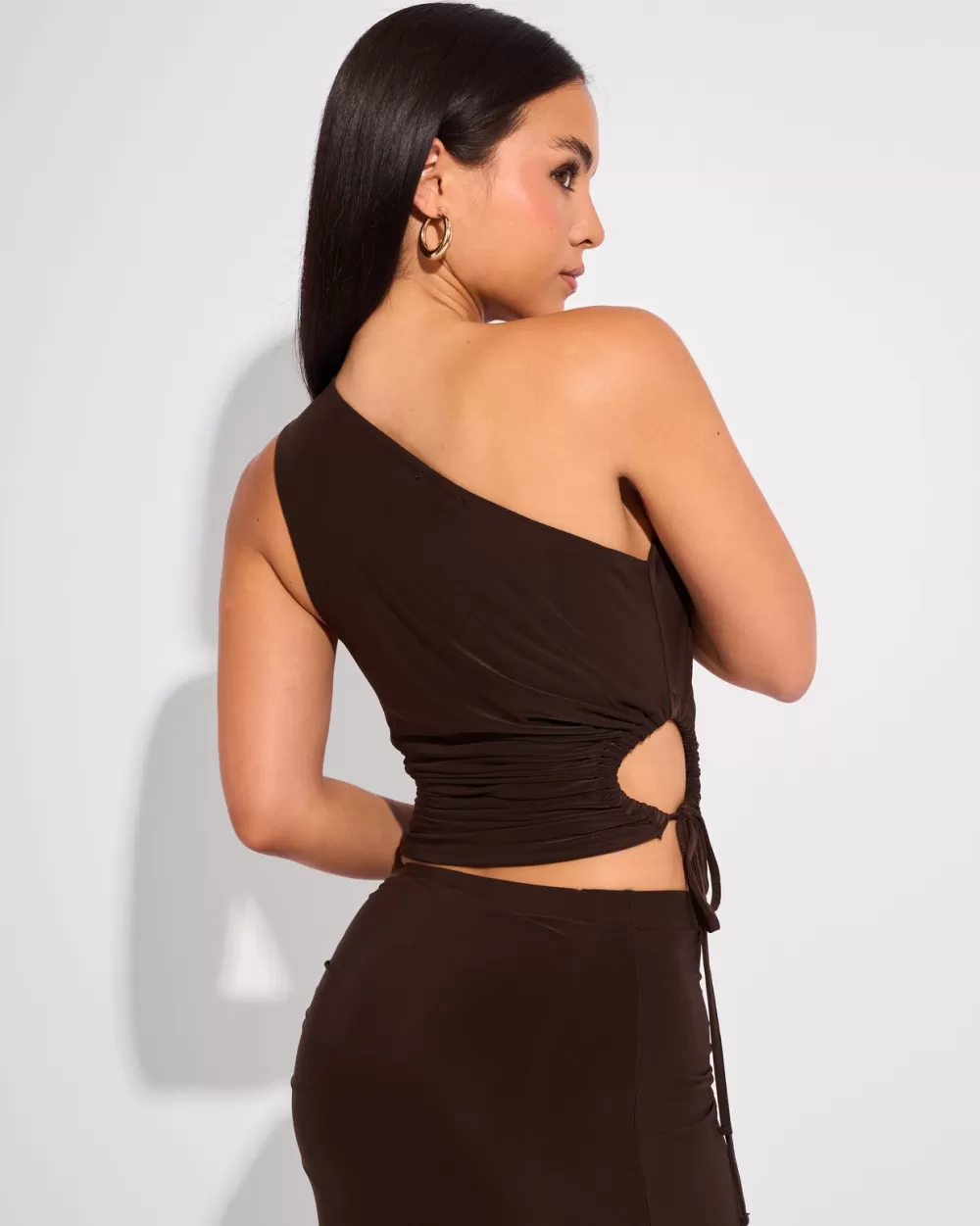 Clearance Public Desire Slinky Ruched Detail One Shoulder Top Chocolate