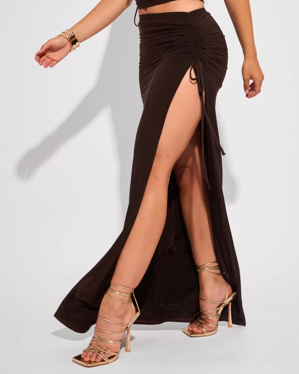 Cheap Public Desire Slinky Ruched Detail Split Maxi Skirt Chocolate