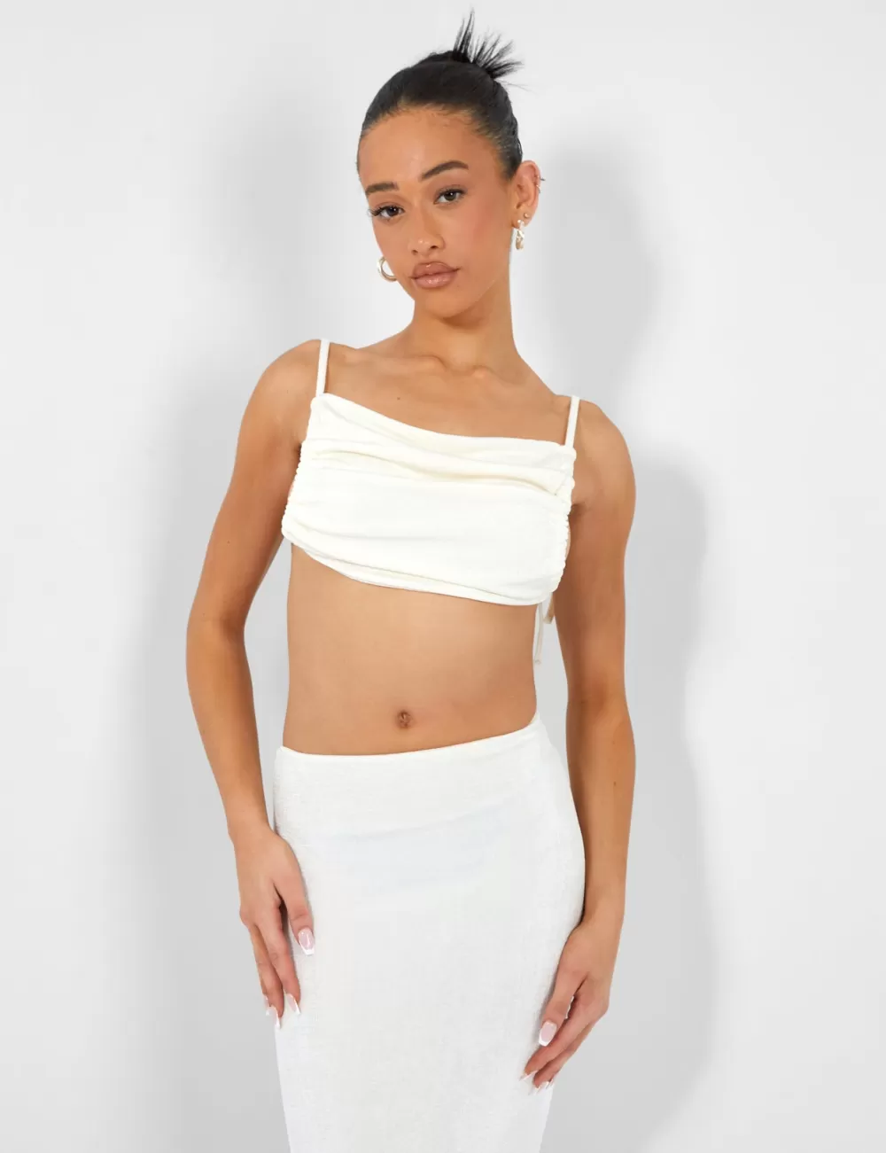 Online Public Desire Slinky Ruched Side Crop Top Ecru