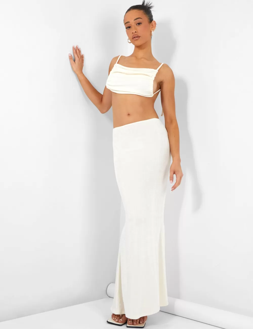 Online Public Desire Slinky Ruched Side Crop Top Ecru