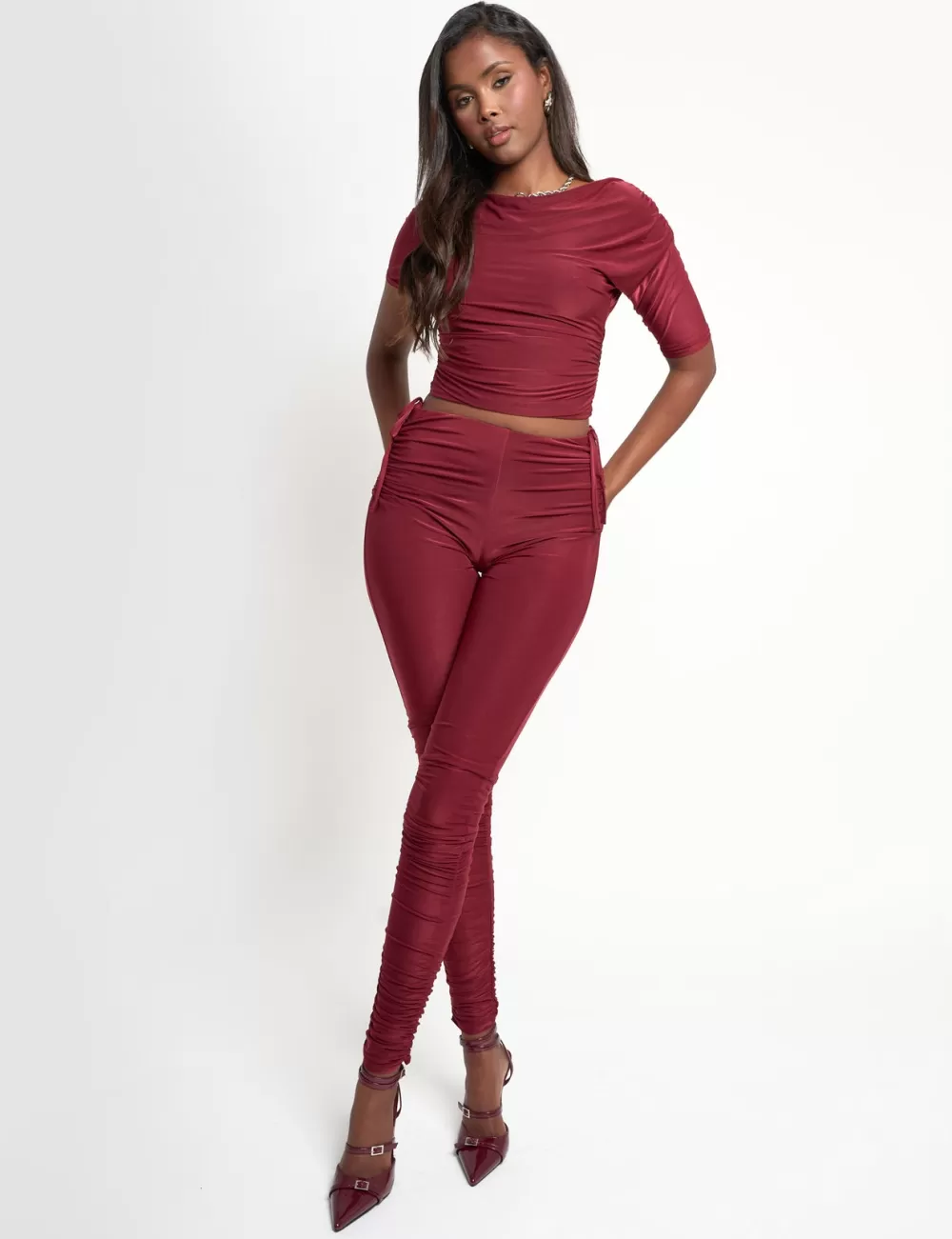 Flash Sale Public Desire Slinky Ruched Trouser Co Ord Burgundy