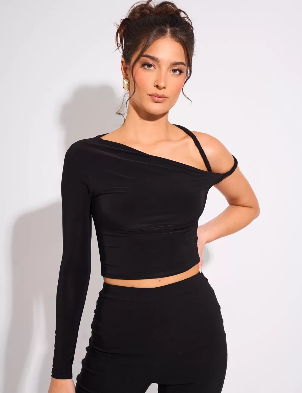 Online Public Desire Slinky Twist Strap Asymmetric Luxe Top Black