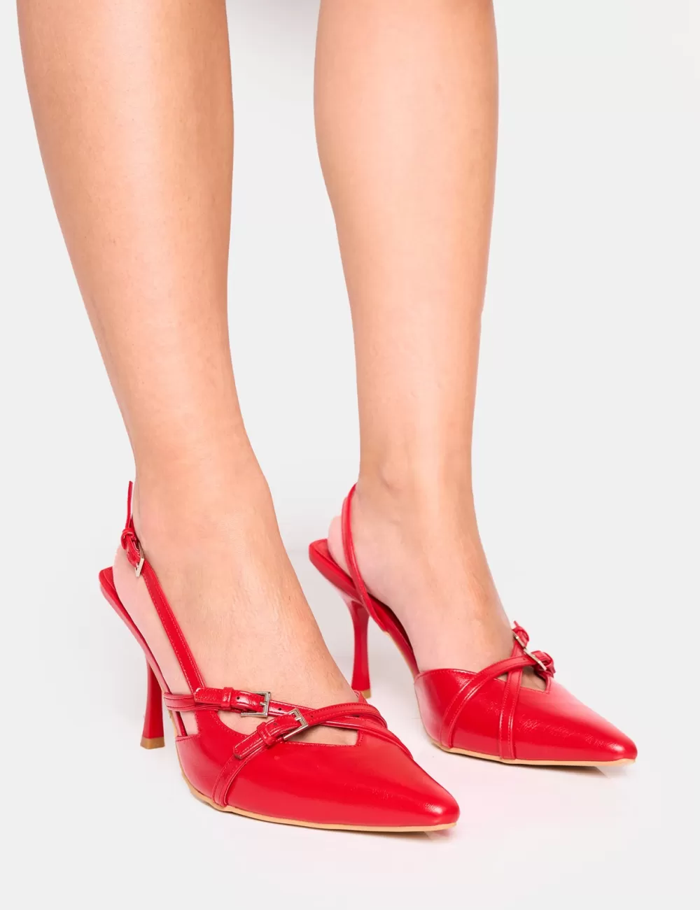 Cheap Public Desire Smooch Wide Fit Buckle Detail Slingback Mid Heel Court Shoe Red
