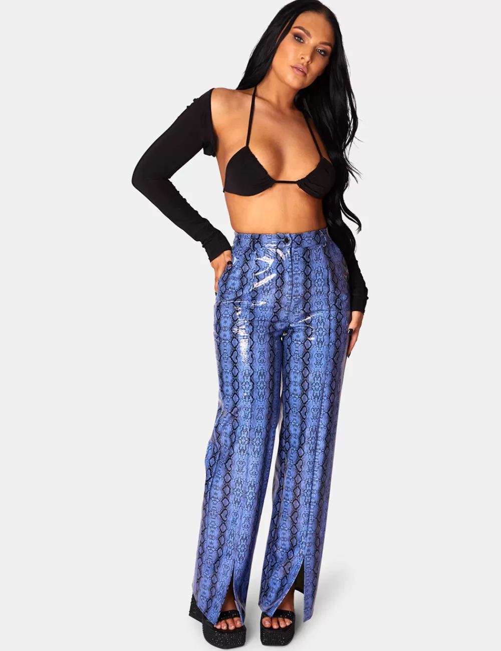 Fashion Public Desire Snake Print Pu Wide Leg Trousers Blue