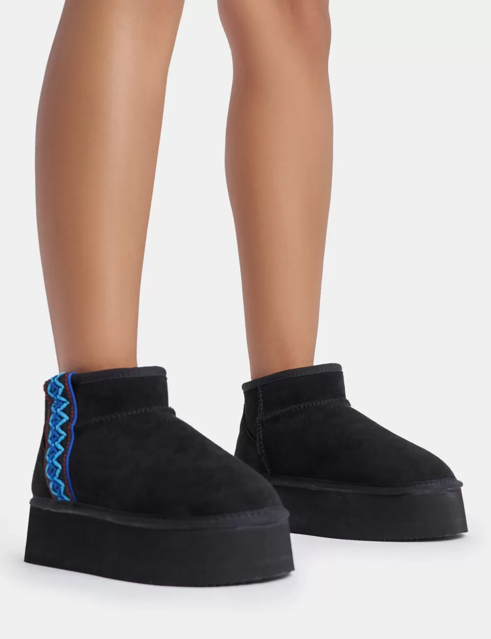Cheap Public Desire Snowfall Faux Suede Aztec Trim Ultra Mini Ankle Platform Boots Black