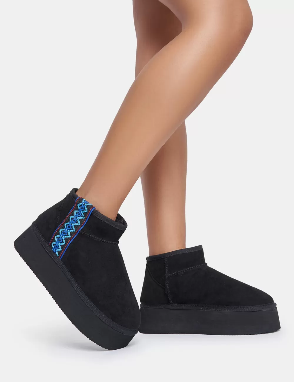 Cheap Public Desire Snowfall Faux Suede Aztec Trim Ultra Mini Ankle Platform Boots Black