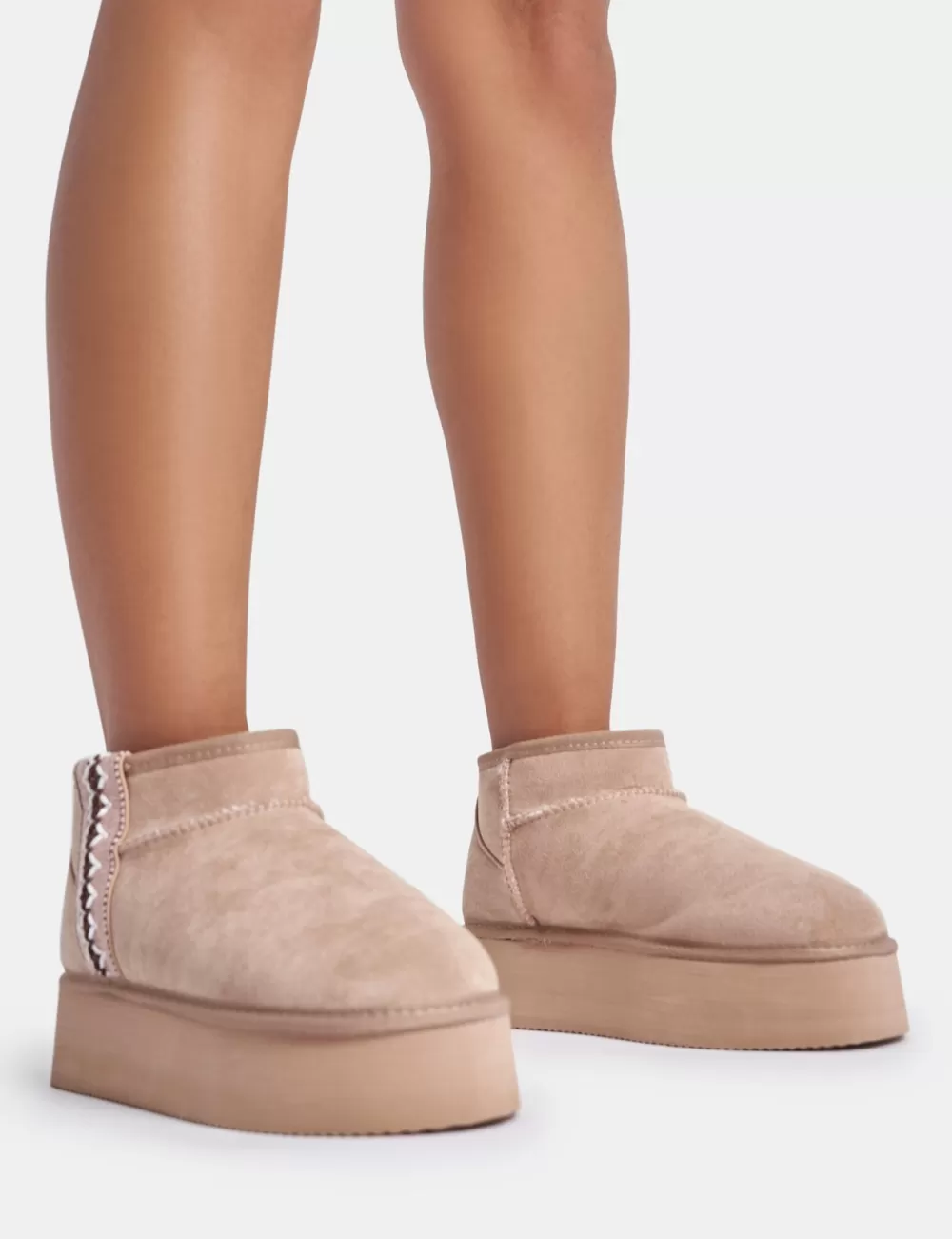 Sale Public Desire Snowfall Light Beige Faux Suede Aztec Trim Mini Ankle Platform Boots Neutral