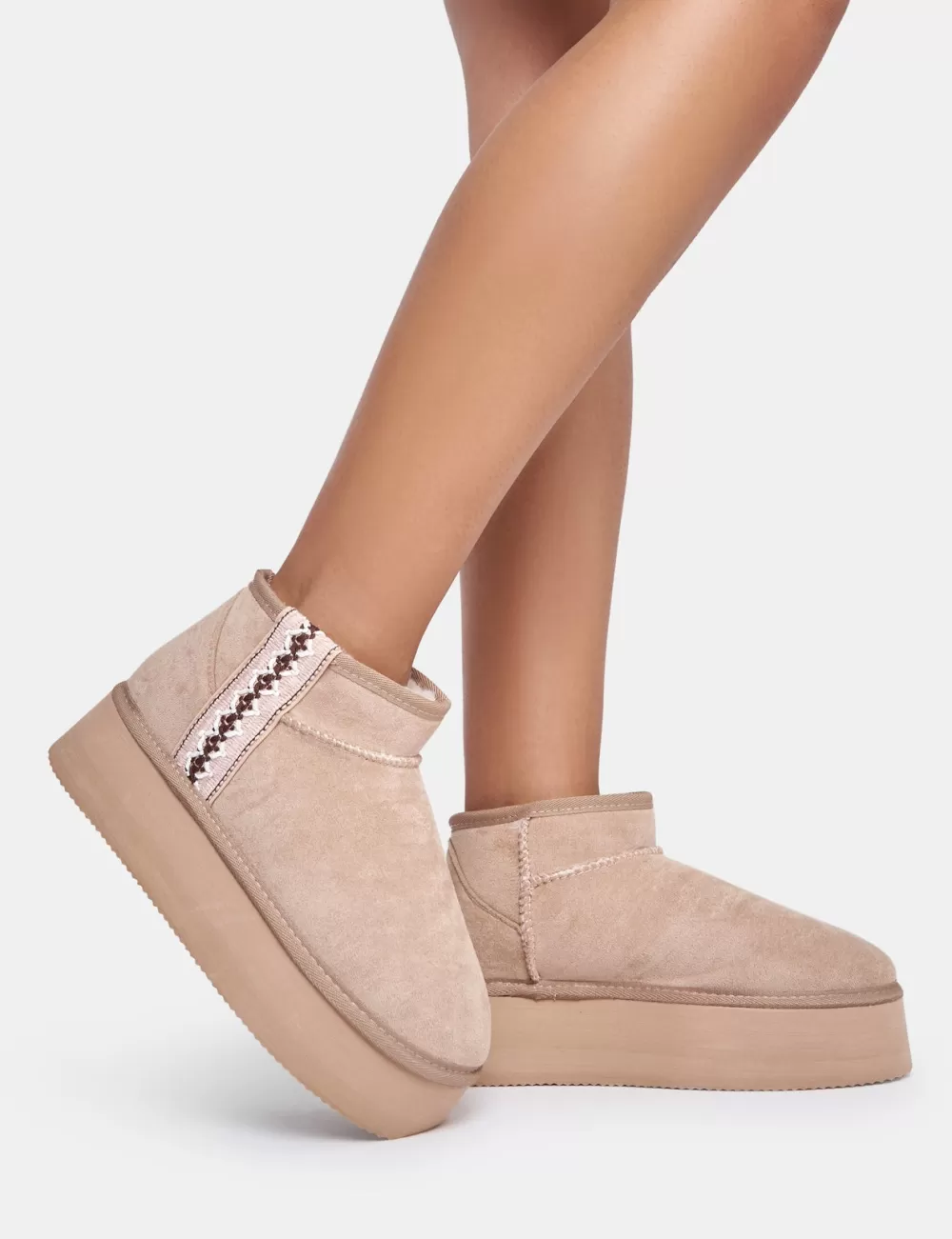 Sale Public Desire Snowfall Light Beige Faux Suede Aztec Trim Mini Ankle Platform Boots Neutral