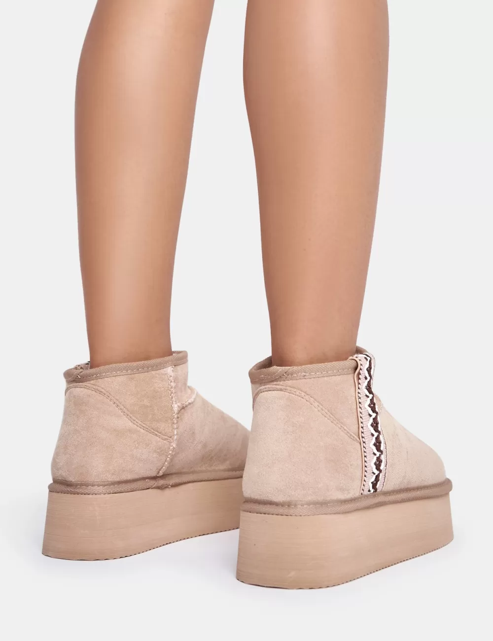 Sale Public Desire Snowfall Light Beige Faux Suede Aztec Trim Mini Ankle Platform Boots Neutral