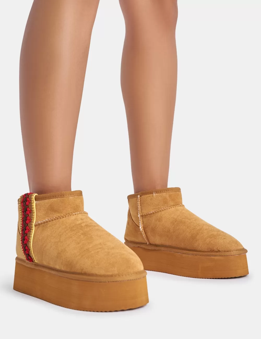 Fashion Public Desire Snowfall Light Chestnut Faux Suede Ultra Mini Ankle Platform Boots Brown