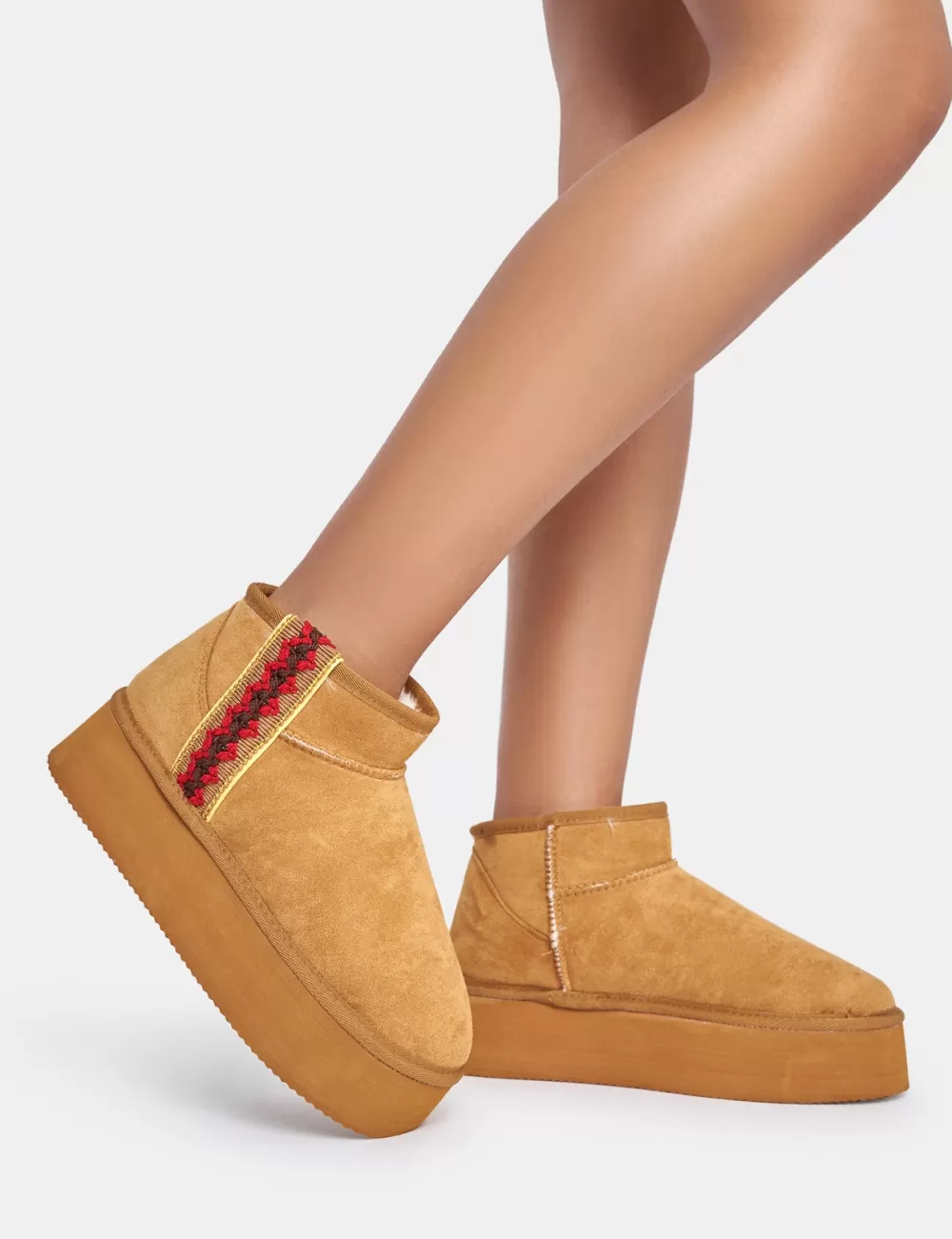 Fashion Public Desire Snowfall Light Chestnut Faux Suede Ultra Mini Ankle Platform Boots Brown