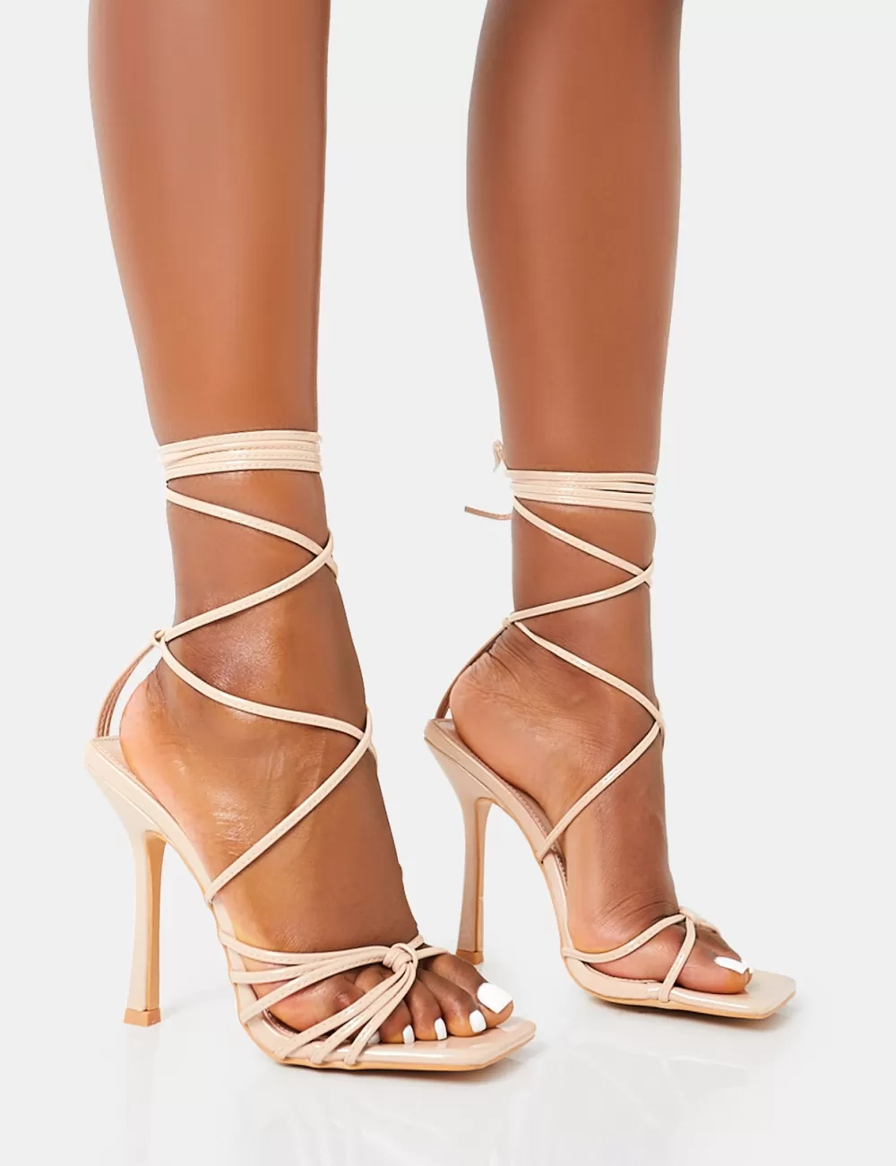 Best Sale Public Desire Solange Nude Patent Lace Up Strappy Square Toe High Heels Neutral