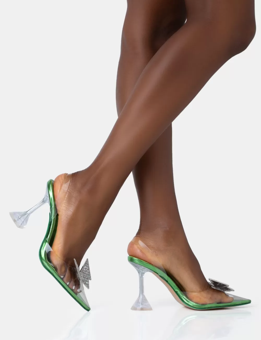 Sale Public Desire Stormi Lime Mirror Metallic Butterfly Diamante Slingback Pointed Court Stiletto Heels Silver