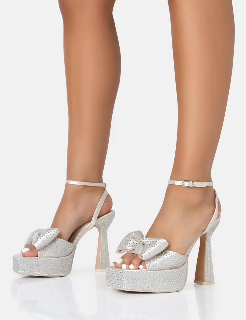 Flash Sale Public Desire Sugarboo Off Satin Diamante Bow Lace Up Platform Heels White