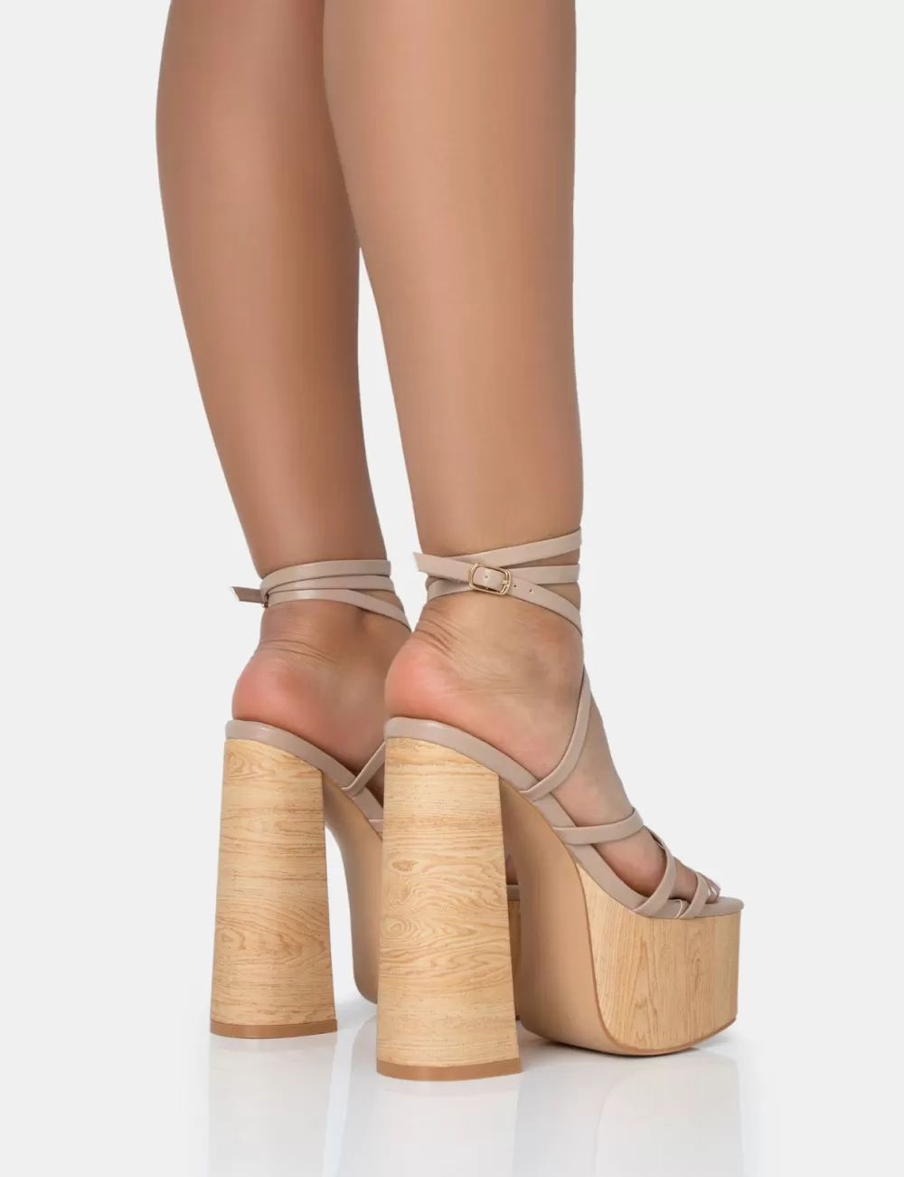 Best Public Desire Suki Nude PU Strappy Wood Effect Platform Square Toe Block Heels Neutral
