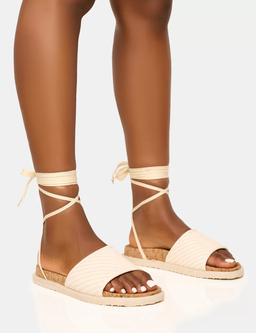 New Public Desire Super Yacht Patterned Lace Up Sandal Cream