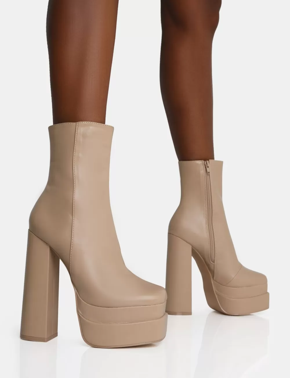 Hot Public Desire Supine Nude PU Chunky Heeled Platform Ankle Boots Neutral