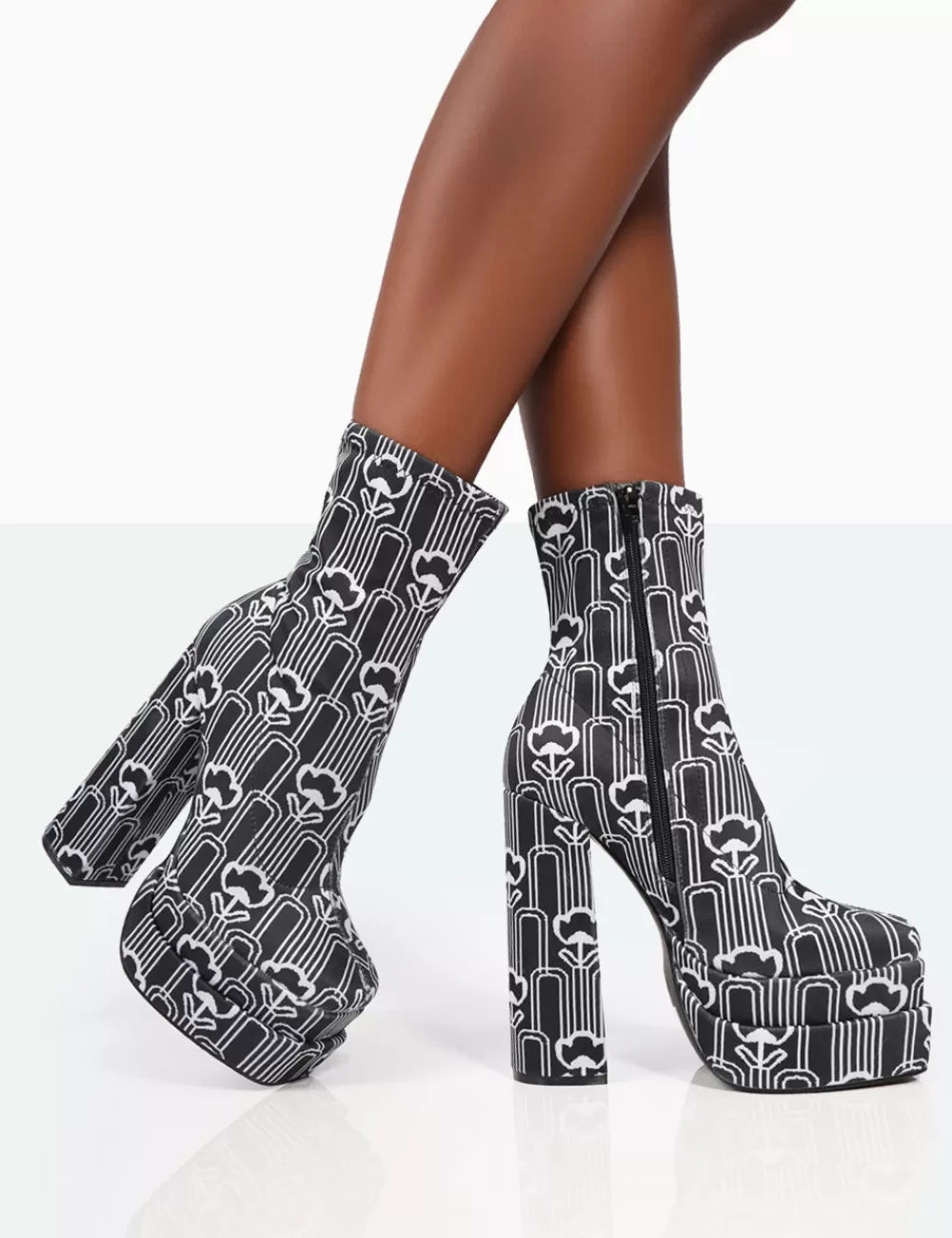 New Public Desire Supreme Floral Print Nylon Platform Block Heel Ankle Boots Black