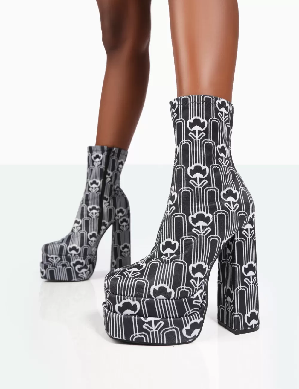 New Public Desire Supreme Floral Print Nylon Platform Block Heel Ankle Boots Black