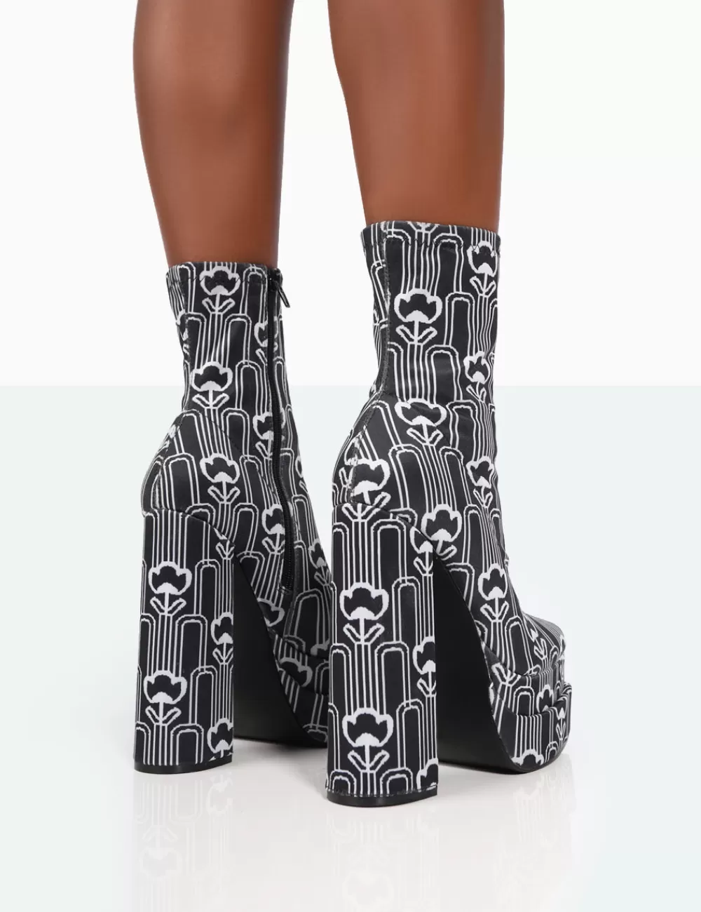 New Public Desire Supreme Floral Print Nylon Platform Block Heel Ankle Boots Black