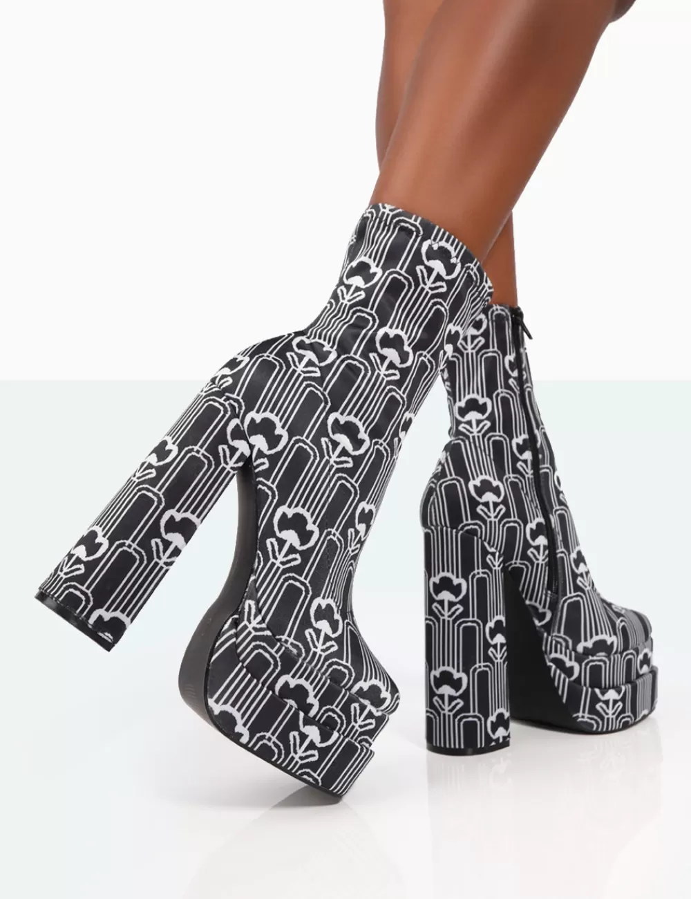 New Public Desire Supreme Floral Print Nylon Platform Block Heel Ankle Boots Black